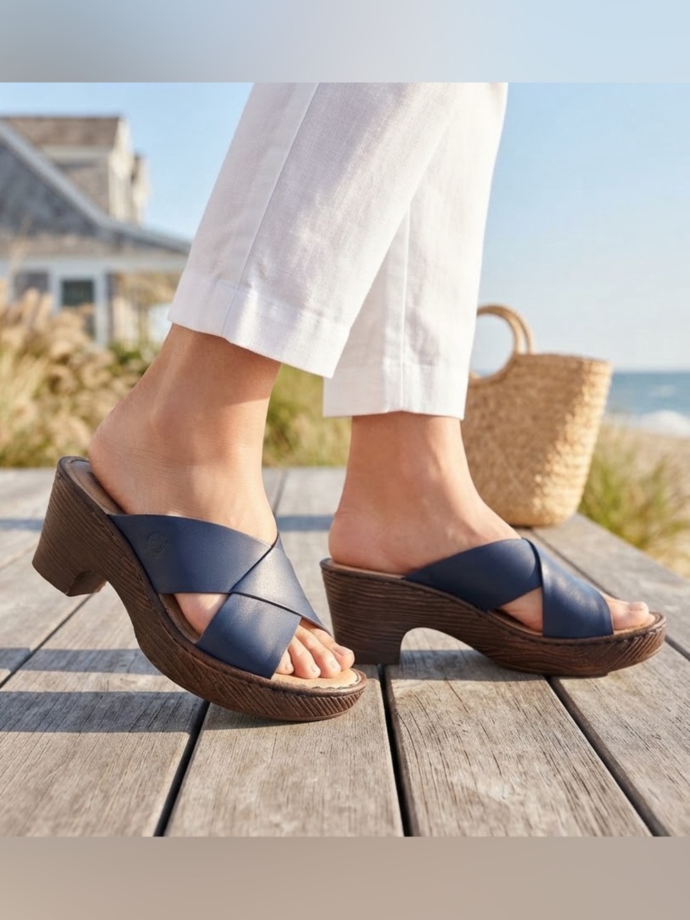 BORN navy blue Crisscross Leather Platform Mules cushion 7 leather sandals class
